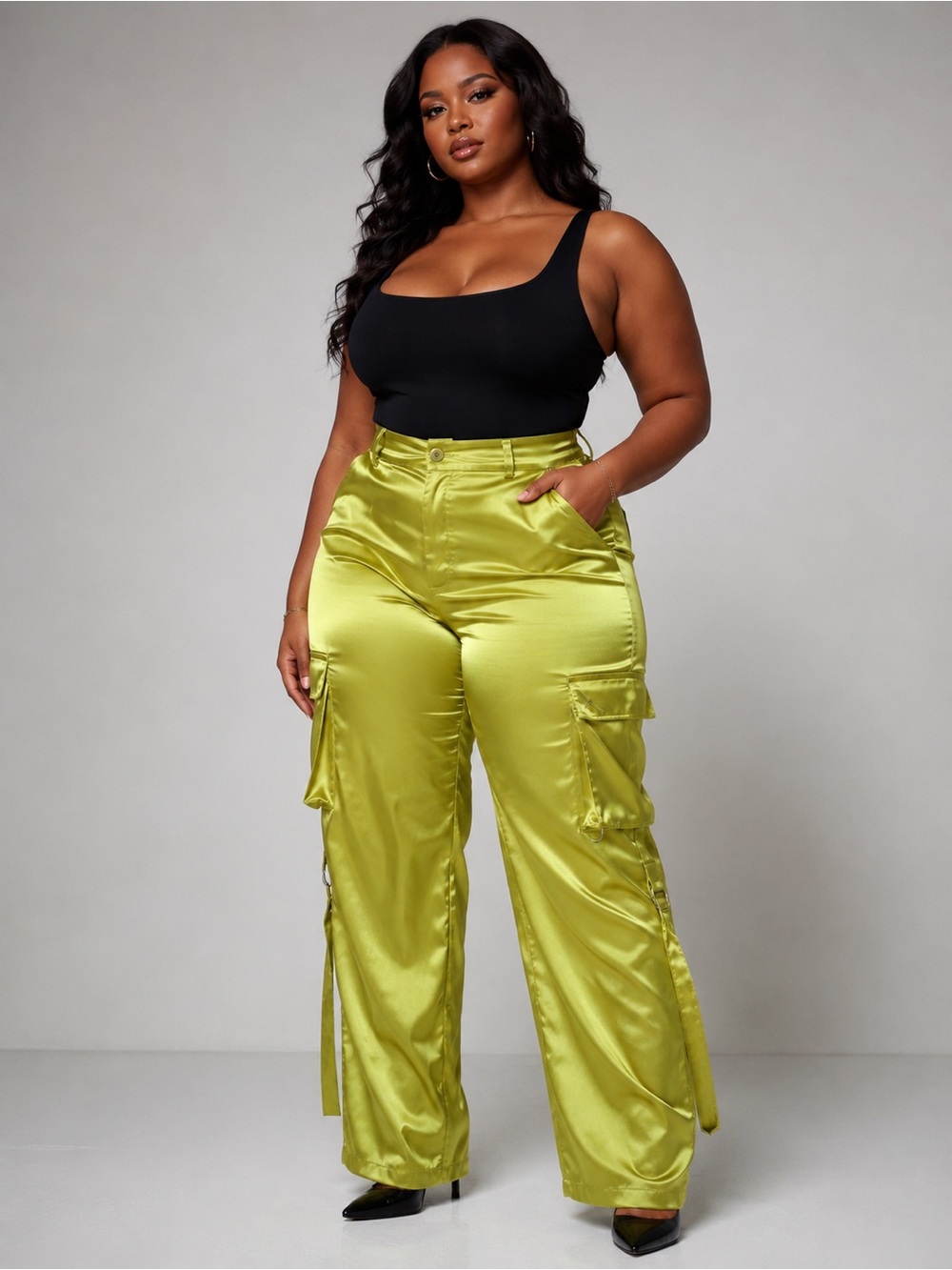 Sincerely Jules Size Small Lime Green Satin Wide-Leg Cargo Pants